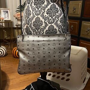 MCM Metallic Silver Crossbody Bag with Black Details